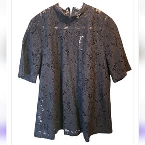 LOFT Short Sleeve Floral Lace Top Women Sz Med Blouse Navy Blue Coastal Prep NWT